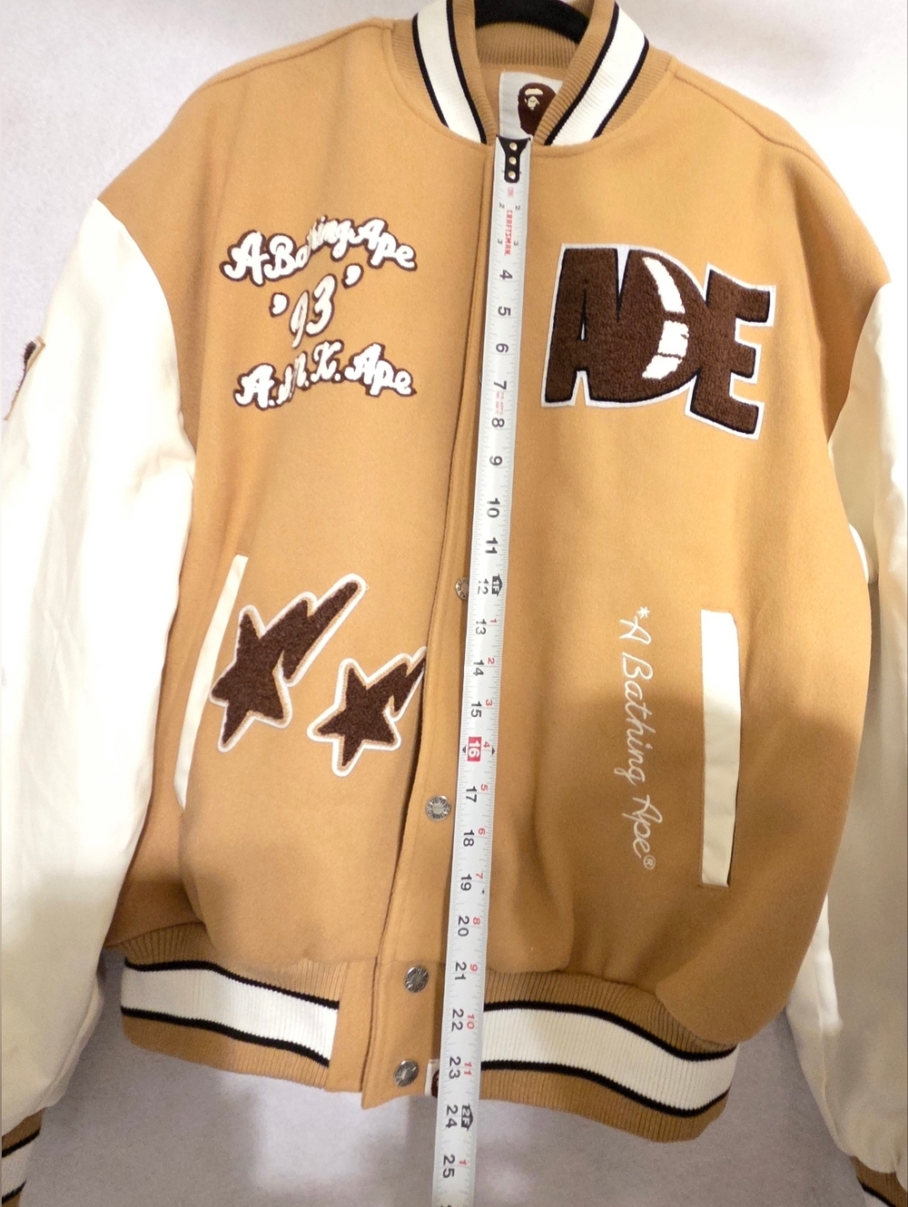 A BATHING APE BAPE MULTI MOTIF VARSITY JACKET BEIGE SIZE XXL (NWT) - Picture 11 of 14